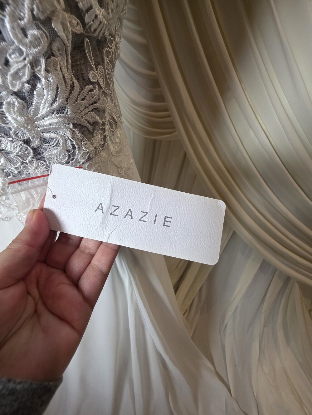 Azazie White Lace Appliqué A-Line Wedding Gown - Picture 9 of 14